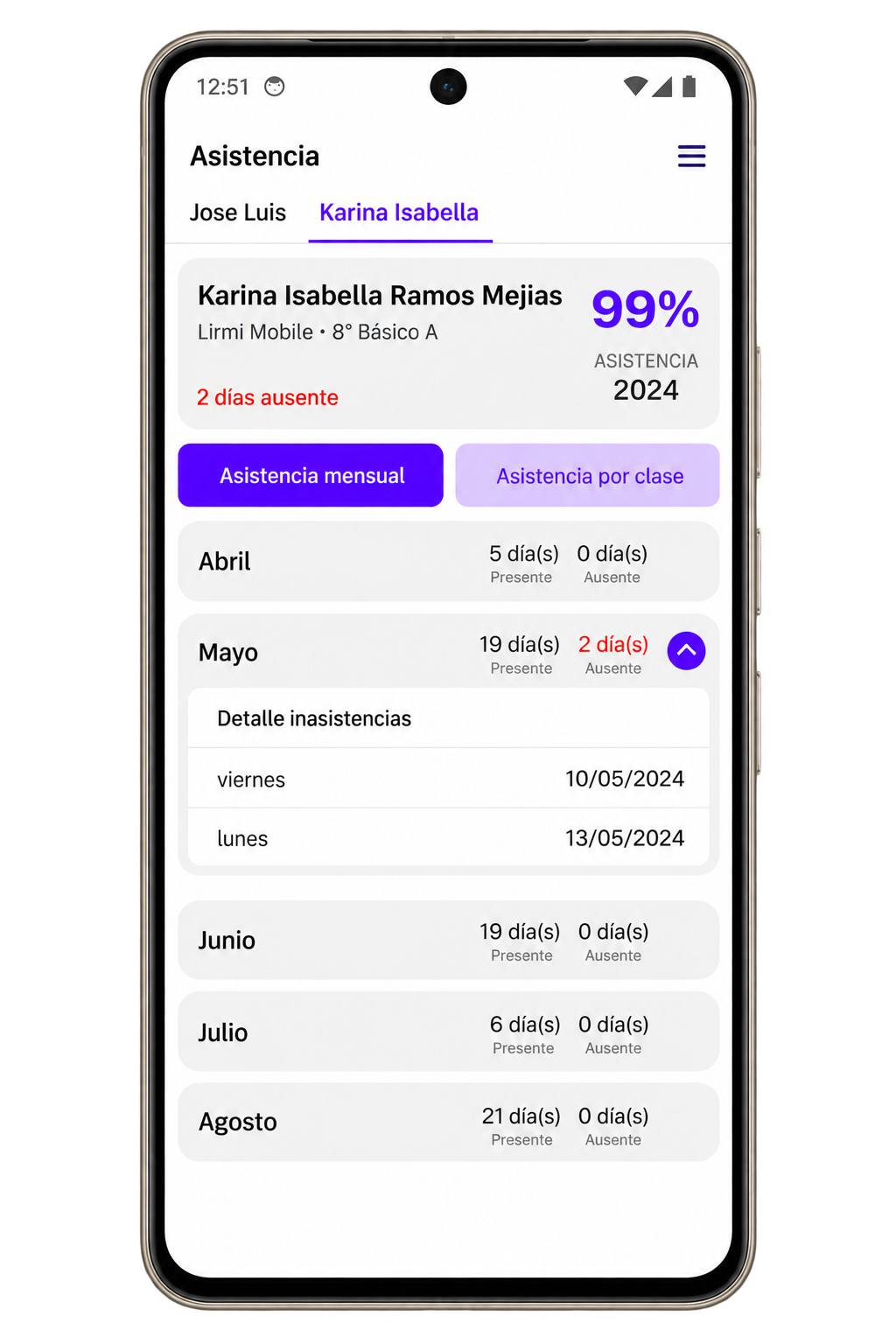 Vista de asistencia en la aplicación Lirmi Familia