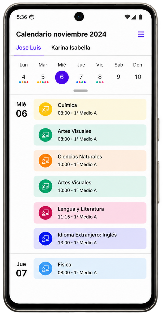 Vista de calendario en la aplicación Lirmi Familia