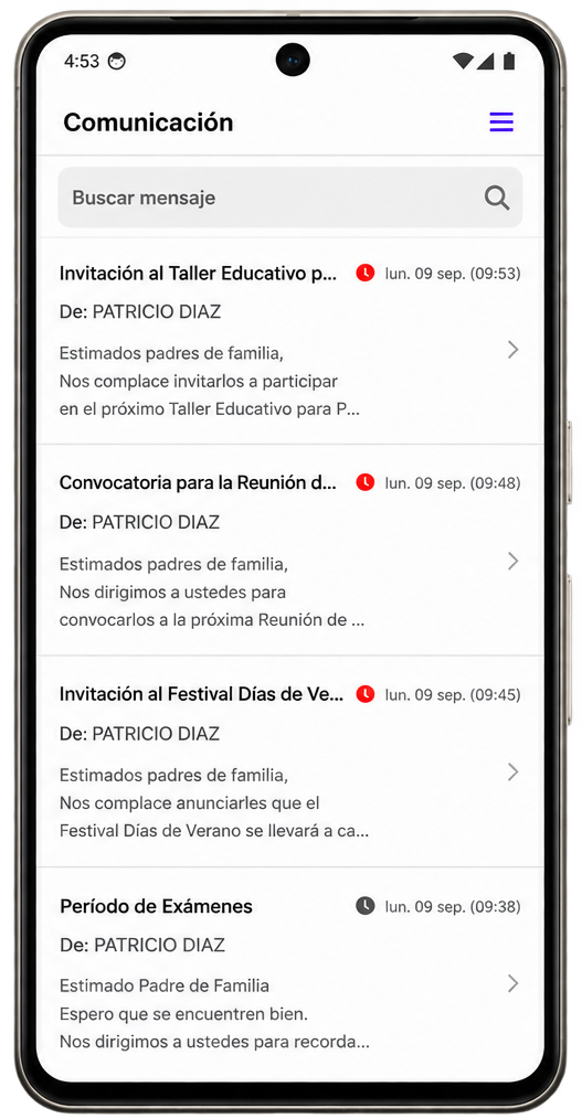 Vista de comunicaciones en la aplicación Lirmi Familia
