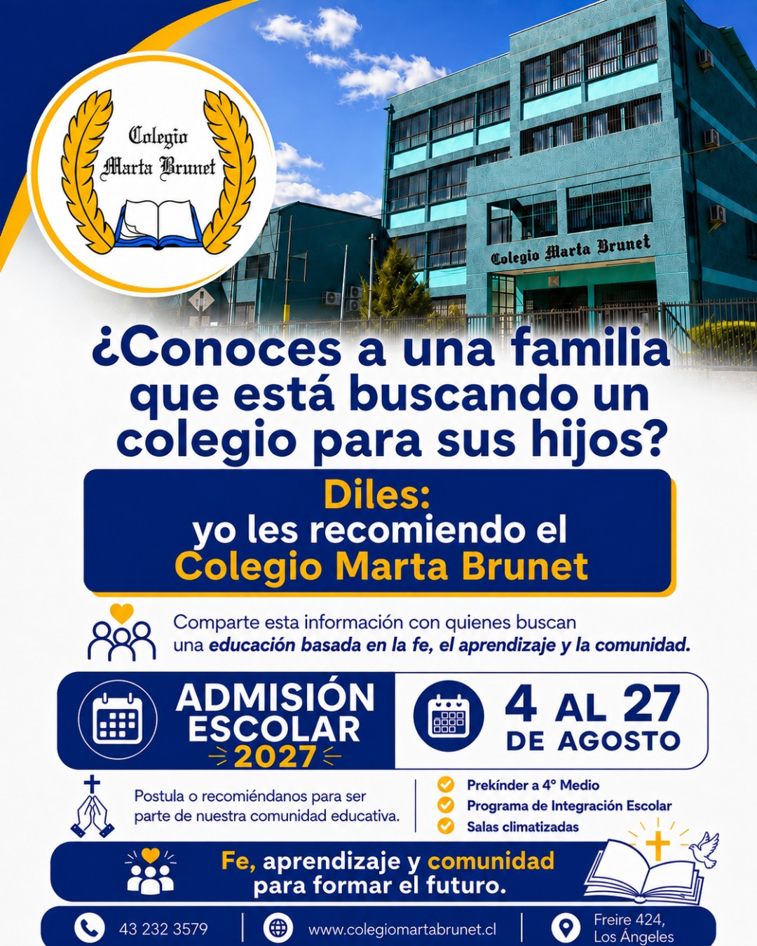✨ ¿Conoces a una familia que está buscando colegio para sus hijos? 💙 Diles: yo les recomiendo el Colegio Marta Brunet.
